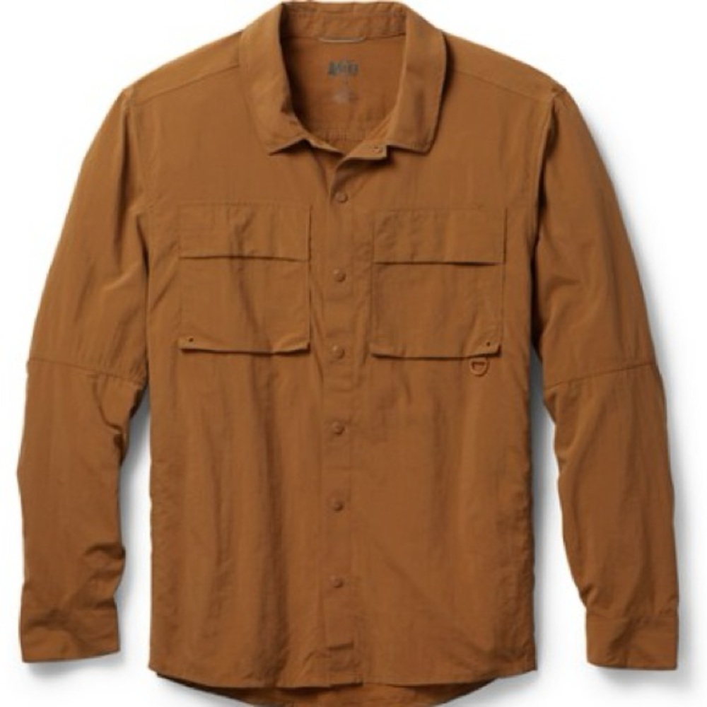 REI Co-op Savanna Trails Light Weight Long Sleeve Snap Button Hiking Shirt Brown